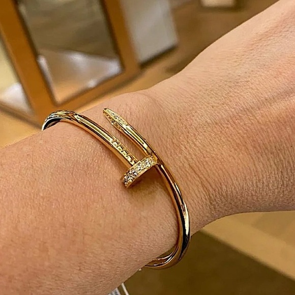 Gold Plated Nail Screw Tack Zircon Detail Bangle Bracelet - Picture 2 of 9